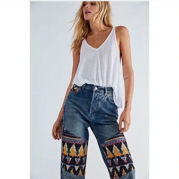 FREE PEOPLE WE THE PEOPLE ROCKY MOUNTAIN CORDUROY PATCHWORK DENIM  size 26 - Picture 1 of 11